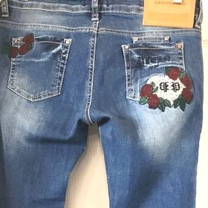 PHILIPP PLEIN Auth High End Glitzy Heart Roses Logo Patch Low Straight Jeans 28